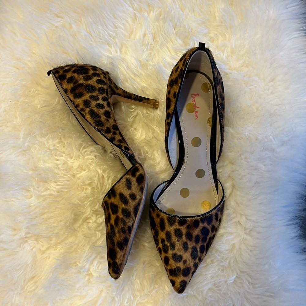 Boden pony hair leopard heels